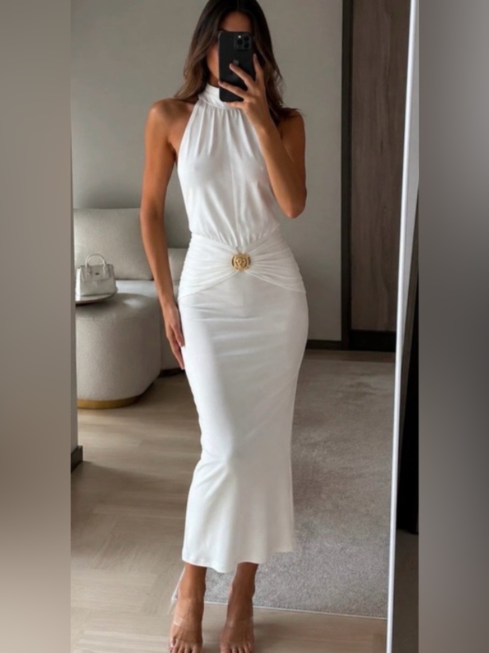 Zara White Halter Maxi Dress with Gold Accent